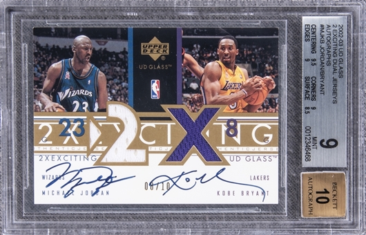 2002-03 UD Glass "2 Exciting Dual Jerseys" #A2X-MJ/KB Michael Jordan/Kobe Bryant Dual-Signed Game Used Patch Card (#08/10) – BGS MINT 9/BGS 10